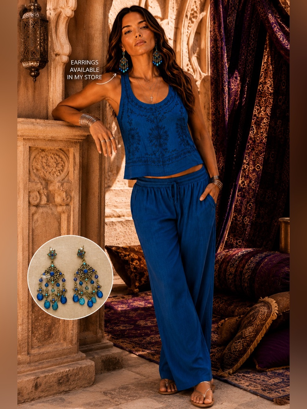 Rhea NWT Blue Embroidered Corset Tank & Tie Front Harem Pants Set OS Boho A23